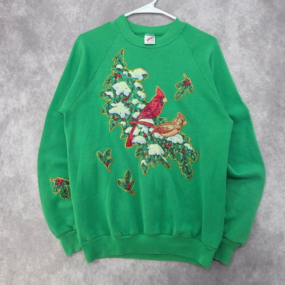 Vintage Cardinals Jerzees Christmas Sweatshirt Green Puff Print Made in USA L